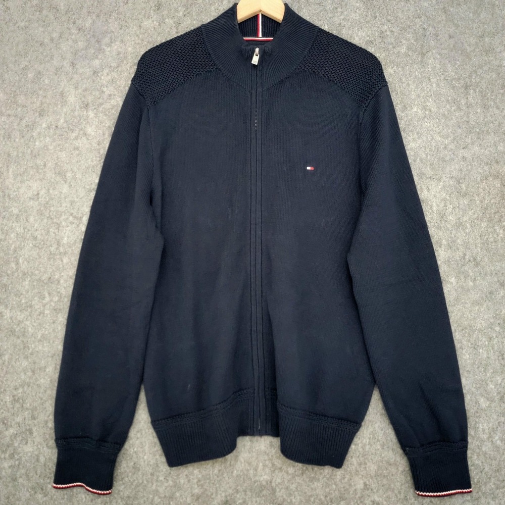 Tommy Hilfiger Sweater Mens Large Navy Full‎ Zip Baseball Cardigan Cotton